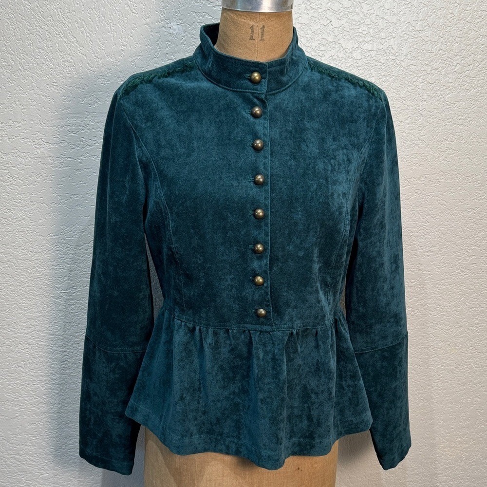 Live A Little Women's Small Teal Suede Ruffle Gold‎ Long Sleeve Button-Up Top